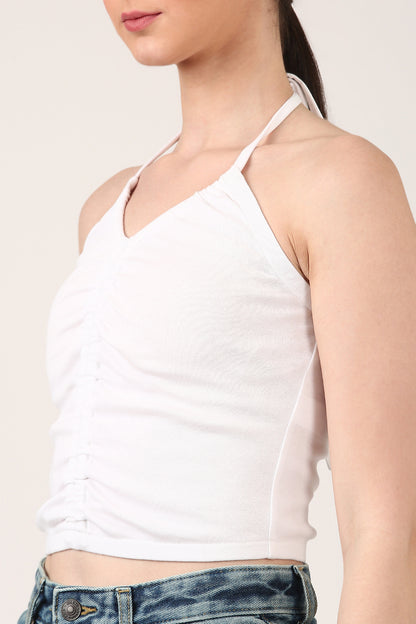 White Ruched Halter Neck Top