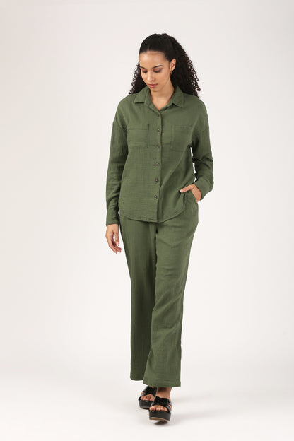 Bottle Green Cotton double cloth Crinkle Wide leg Pant