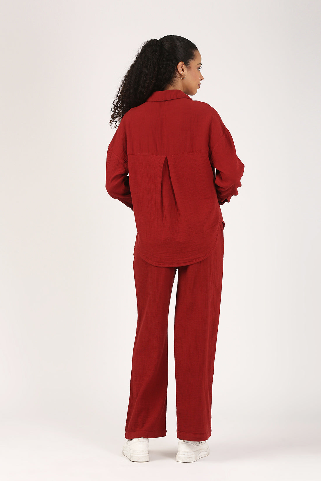 Deep Rust Cotton Double Cloth Crinkle Wide leg Pant