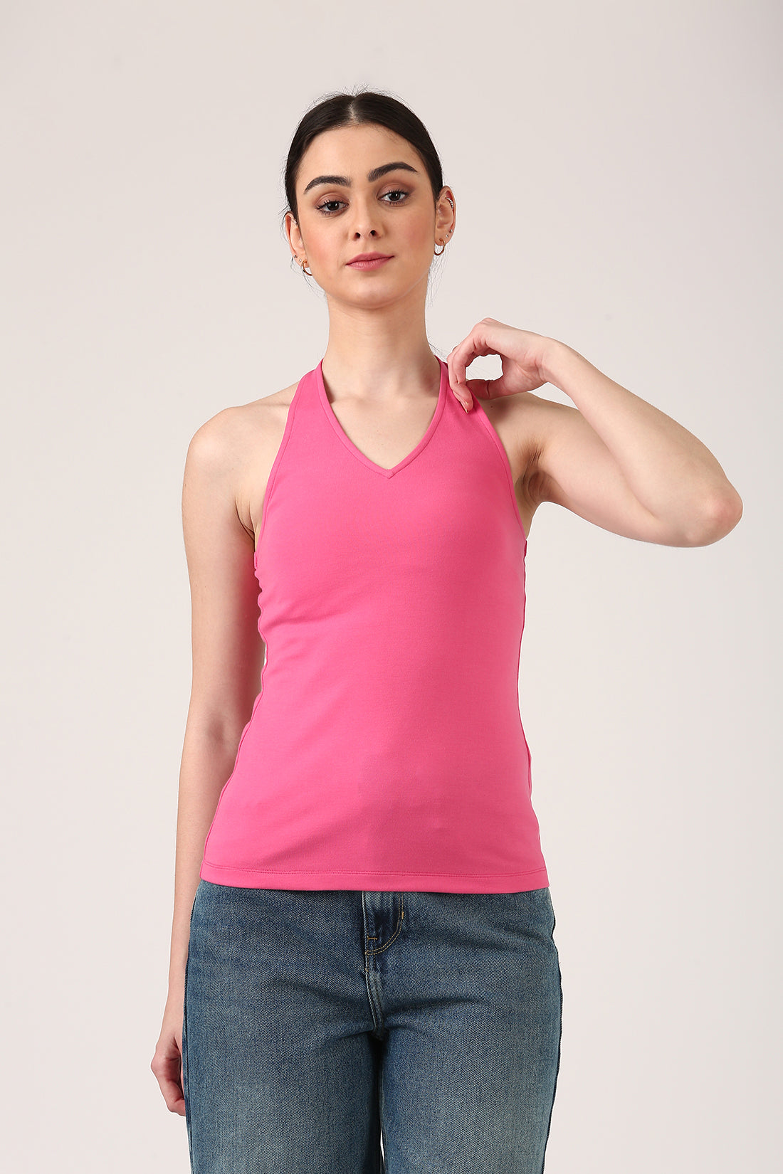 Hot Pink Halter Neck Fitted Tank Top