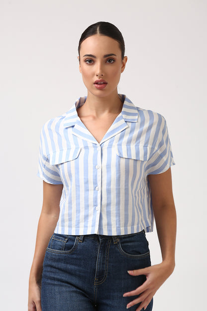 Blue Breeze Crop Shirt – Women’s Lightweight Striped Modal Shirt
