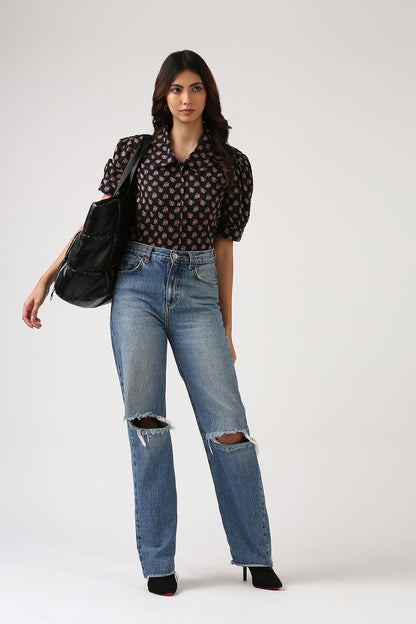 Black Floral Button Down Top