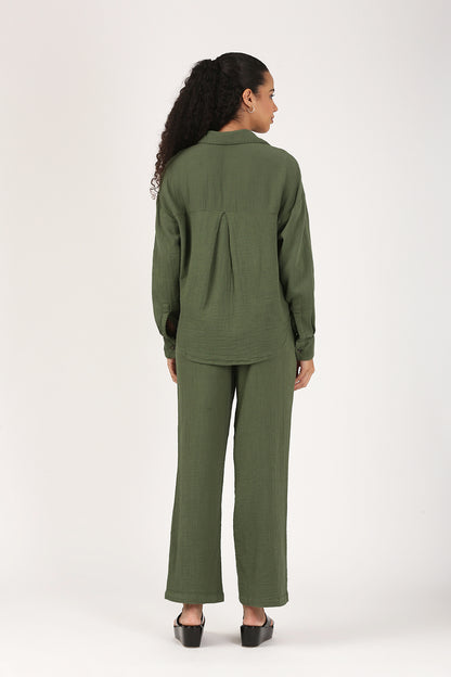 Bottle Green Cotton double cloth Crinkle Oversized Shirt