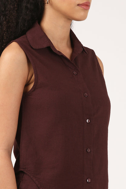 Burgundy Cotton linen Sleeveless Shirt