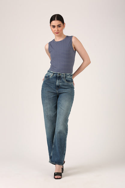 Slate Blue Striped Sleeveless Tank Top