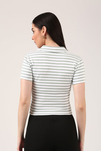 Ribbed Striped Polo Top – Short Sleeve Fitted Top