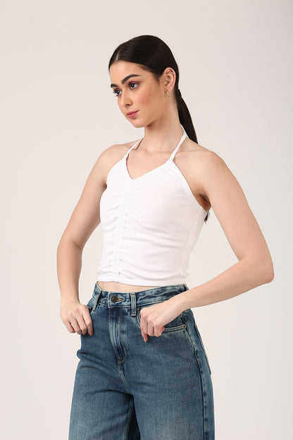 White Ruched Halter Neck Top