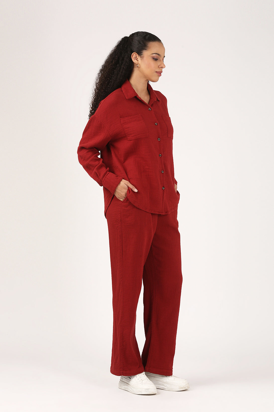 Deep Rust  Cotton Double Cloth Crinkle Oversized Shirt