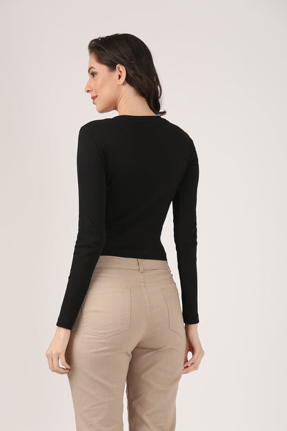 Soft Cotton Rib Sweetheart Neck Black Top