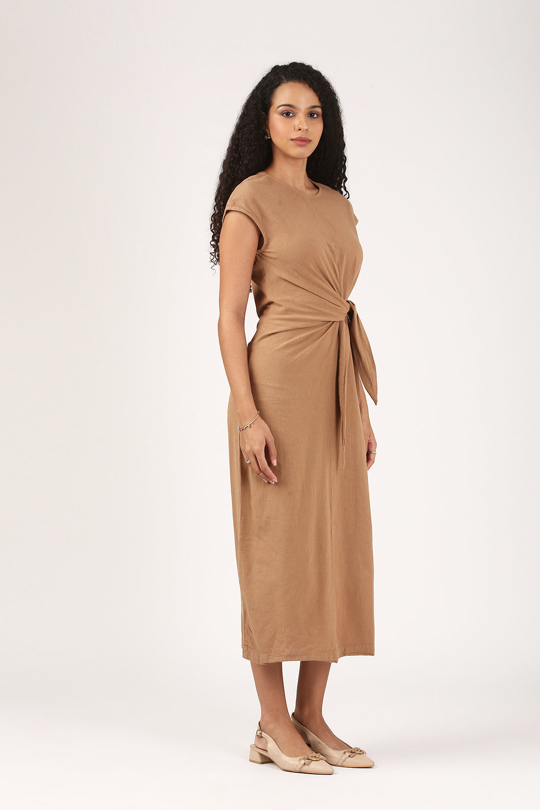 Amayra Linen Belted Dress in fawn