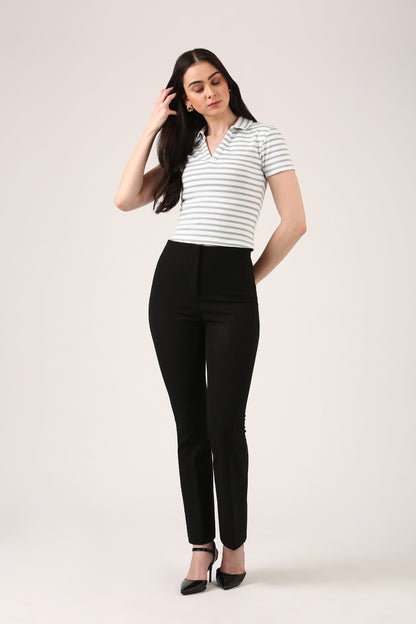 Ribbed Striped Polo Top – Short Sleeve Fitted Top