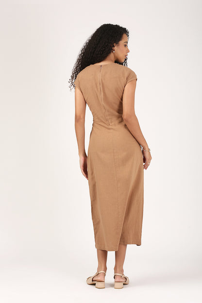 Amayra Linen Belted Dress in fawn