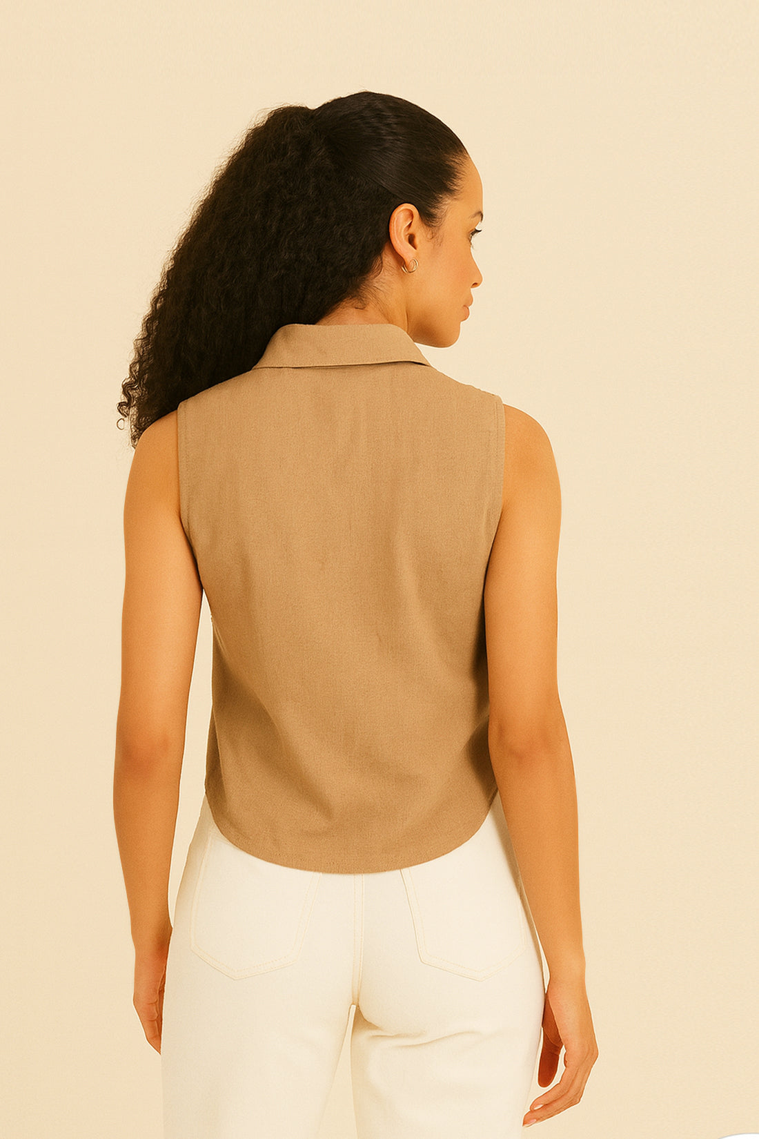 Caramel Cotton Linen Sleeveless Shirt