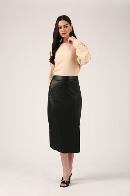 Beige Puff Sleeve Textured Flowy Top