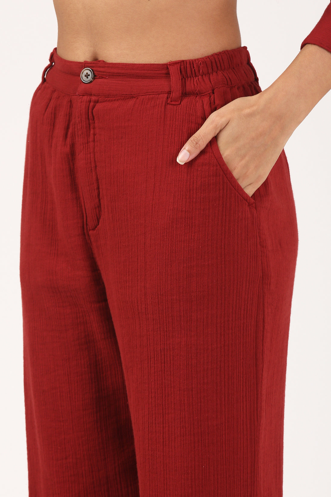 Deep Rust Cotton Double Cloth Crinkle Wide leg Pant