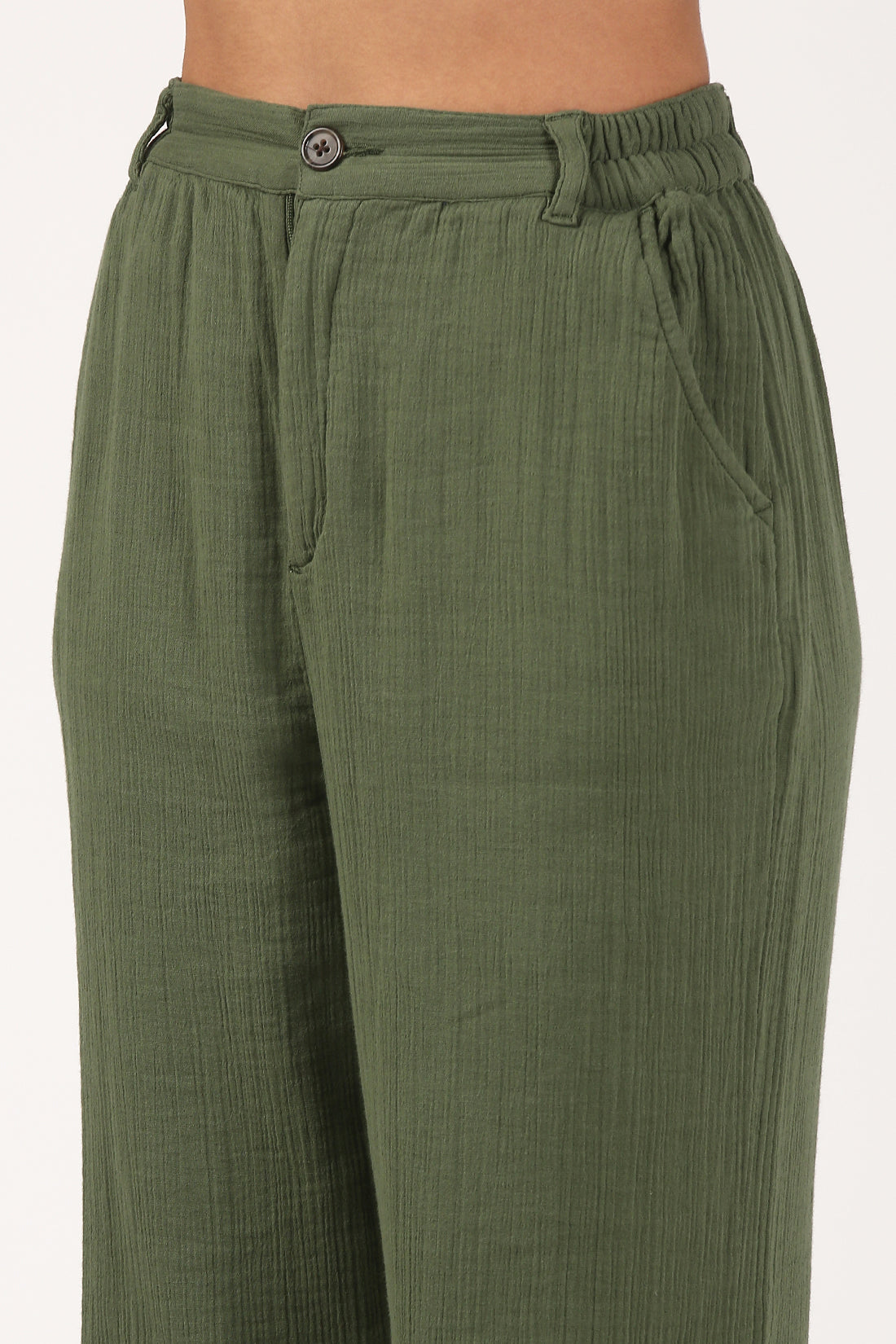 Bottle Green Cotton double cloth Crinkle Wide leg Pant