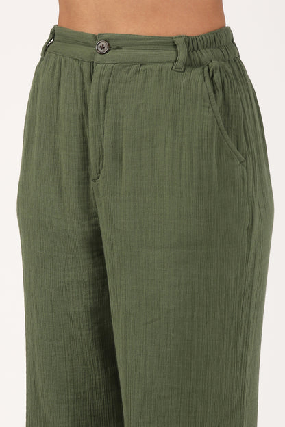 Bottle Green Cotton double cloth Crinkle Wide leg Pant