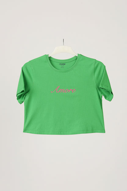 Green T-shirt with caption