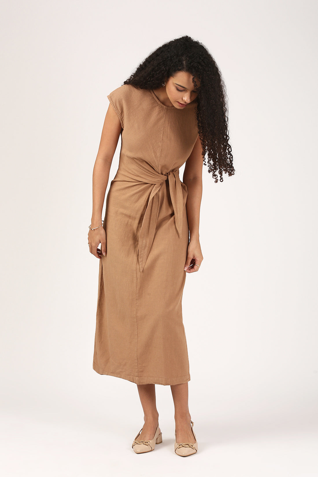 Amayra Linen Belted Dress in fawn