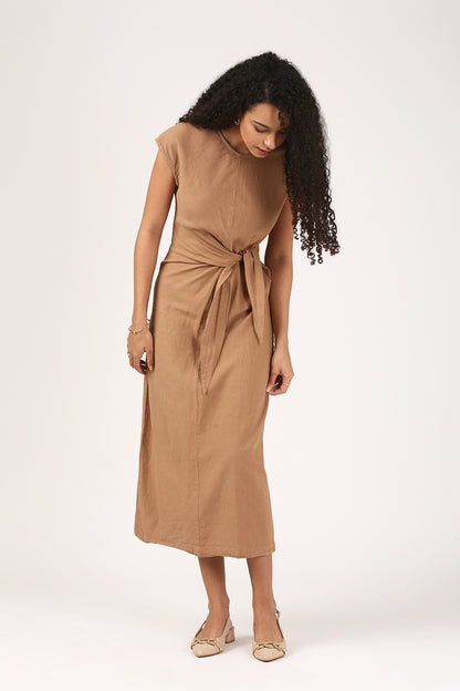 Amayra Linen Belted Dress in fawn
