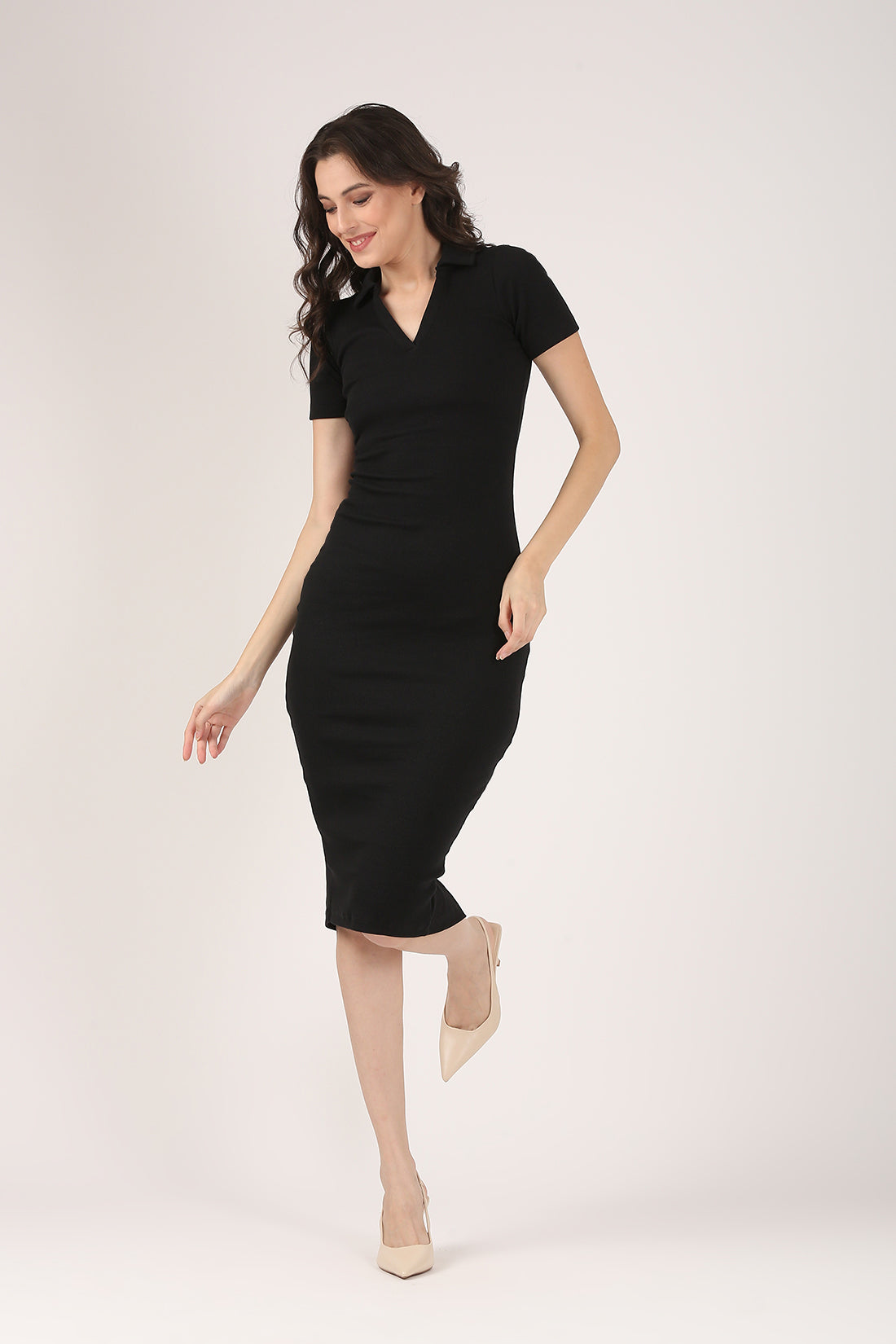 Soft Cotton Rib Contouring Black Bodycon Dress