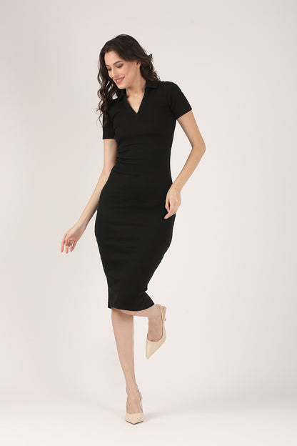 Soft Cotton Rib Contouring Black Bodycon Dress