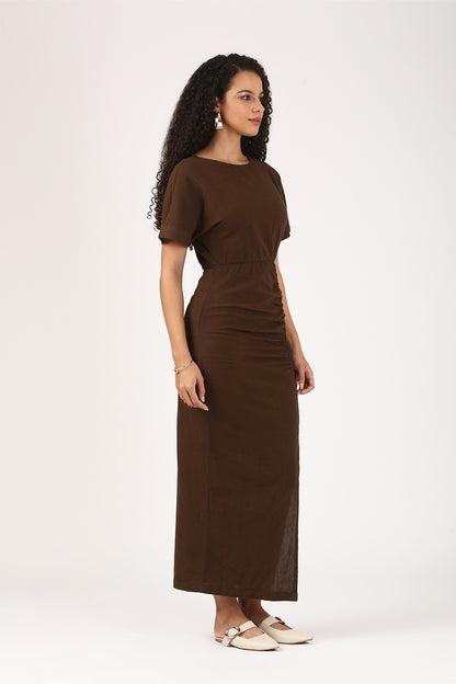 Cleo Linen Slit Dress in Espresso