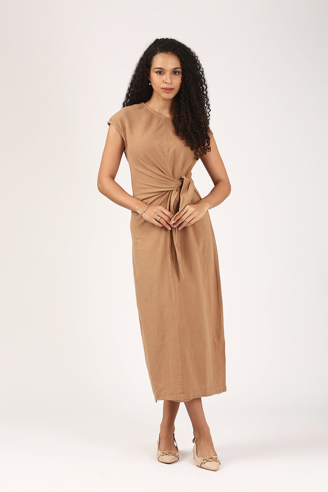 Amayra Linen Belted Dress in fawn