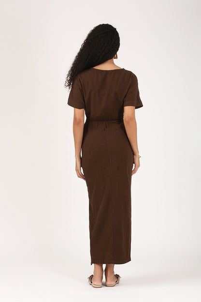 Cleo Linen Slit Dress in Espresso