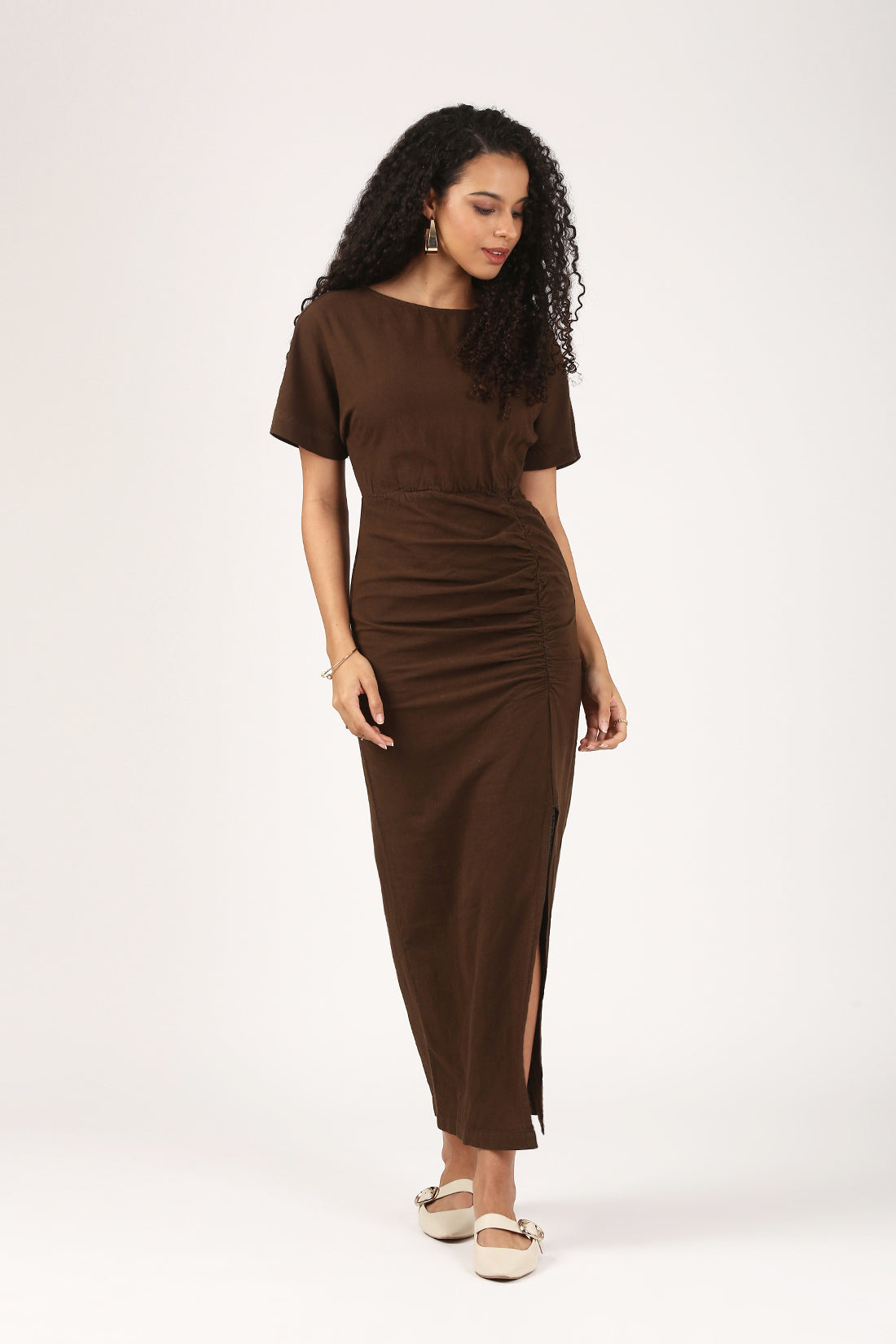 Cleo Linen Slit Dress in Espresso