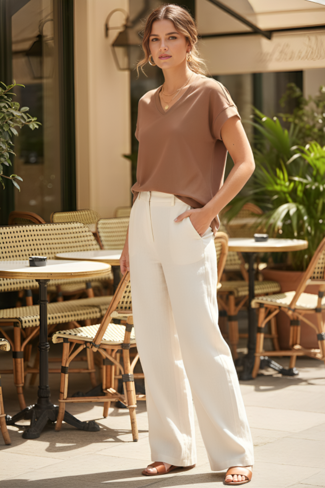 Side Slit V-Neck Cotton T-Shirt – Cocoa Brown