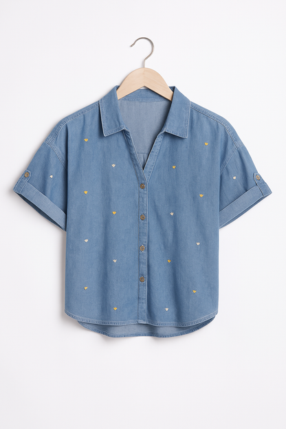 Heart of Gold Denim Top with Embroidery