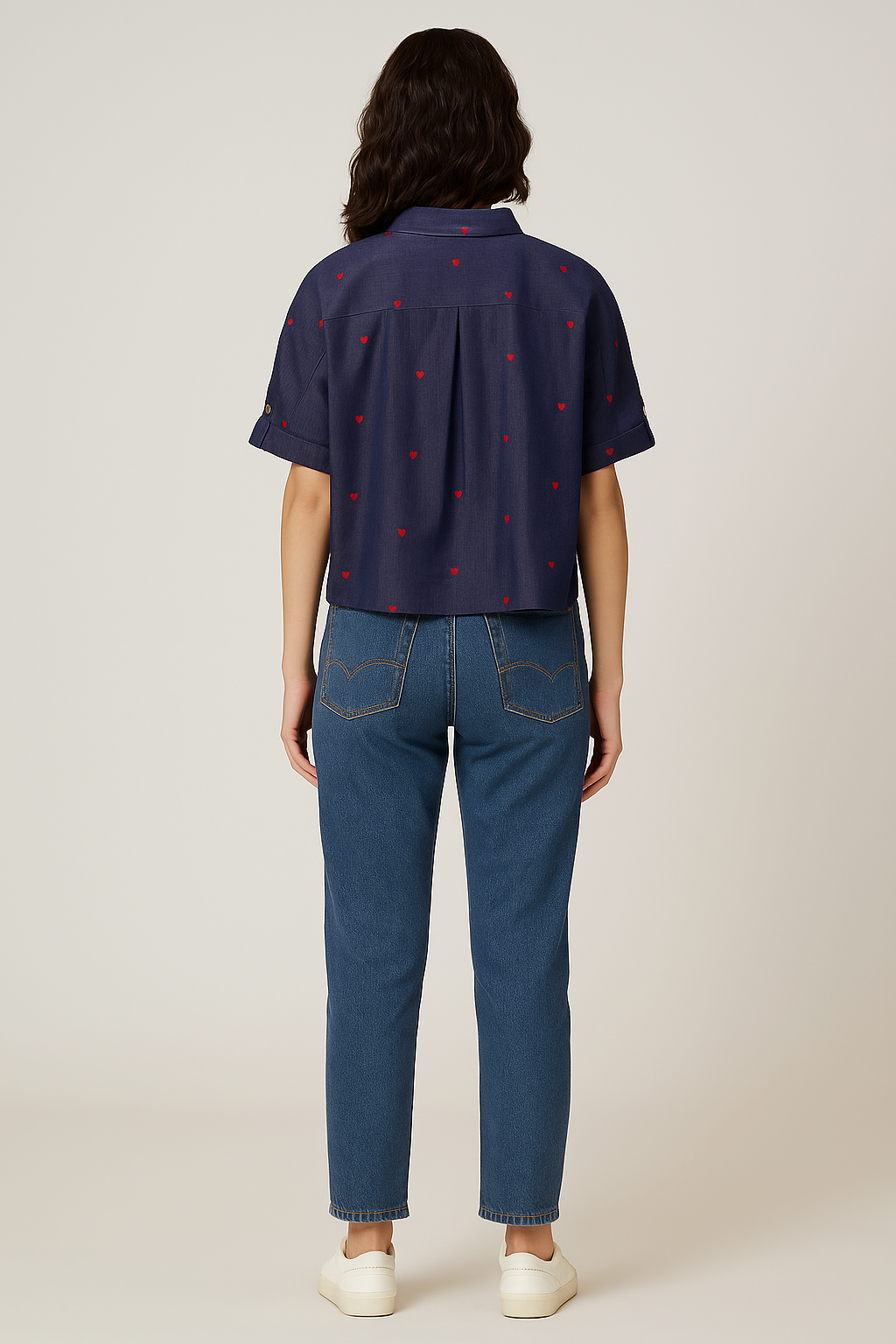 Indigo Crush Denim Top with Heart Embroidery
