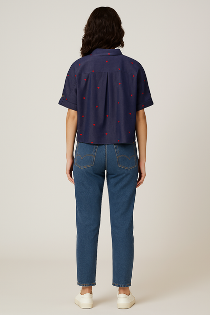 Indigo Crush Denim Top with Heart Embroidery