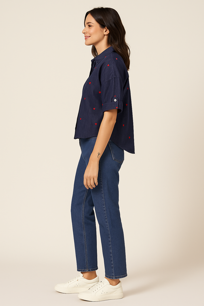 Indigo Crush Denim Top with Heart Embroidery