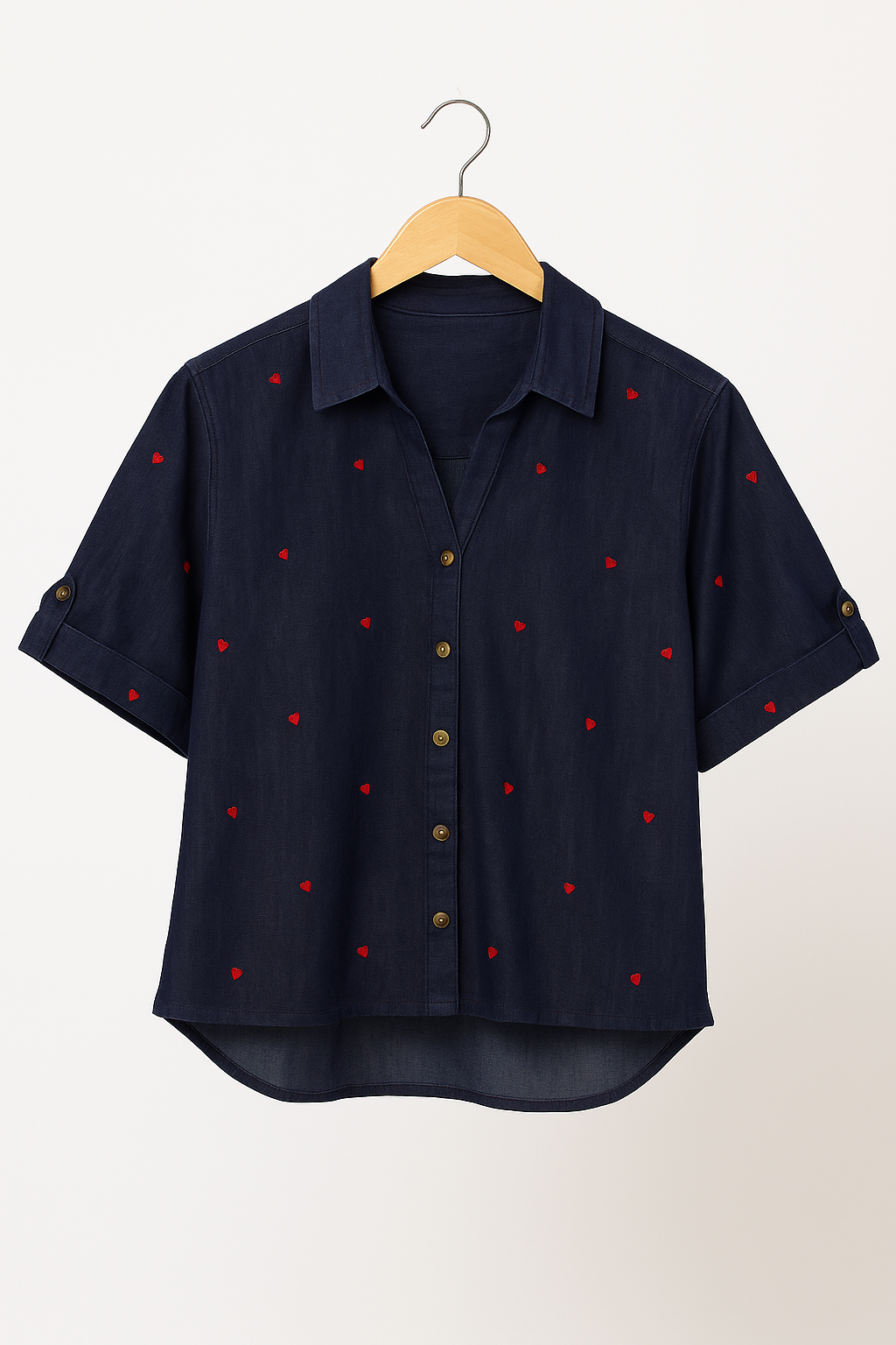Indigo Crush Denim Top with Heart Embroidery
