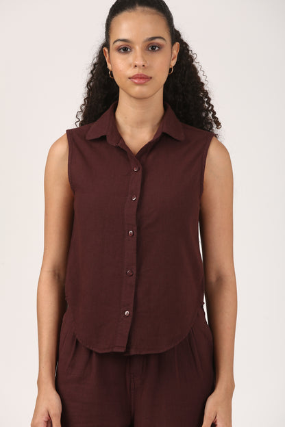 Burgundy Cotton linen Sleeveless Shirt