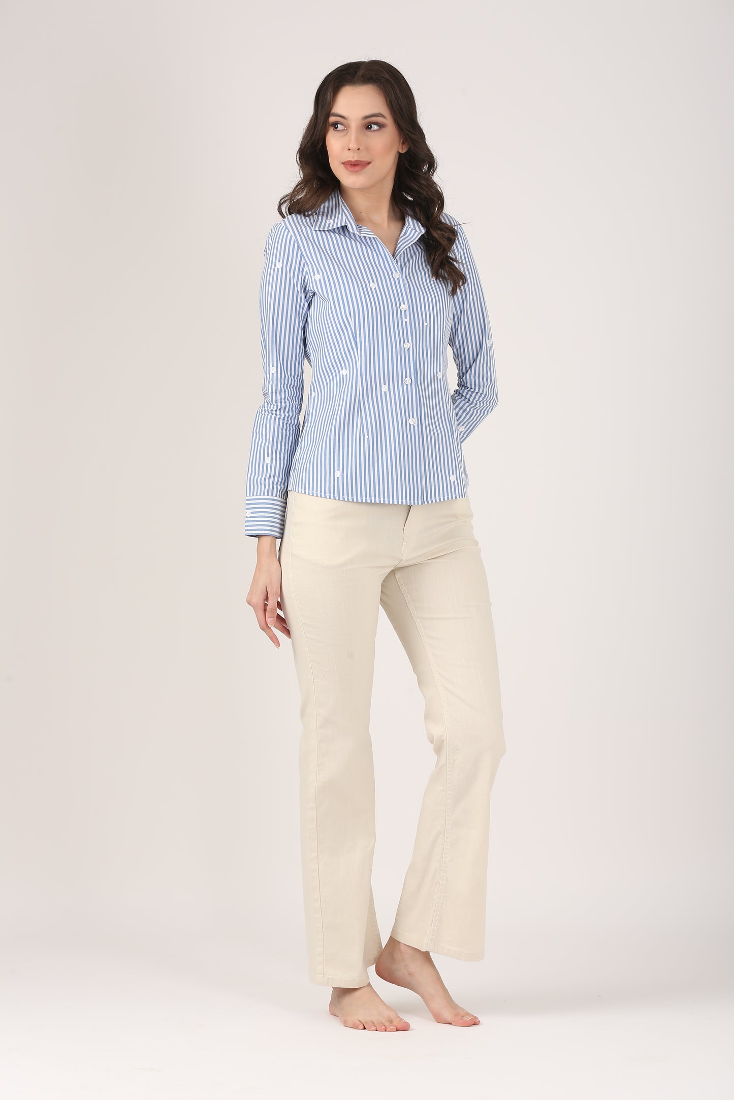 Blue Cotton Striped Shirt with Floral Embroidery