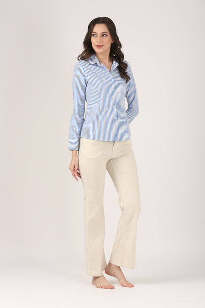 Blue Cotton Striped Shirt with Floral Embroidery