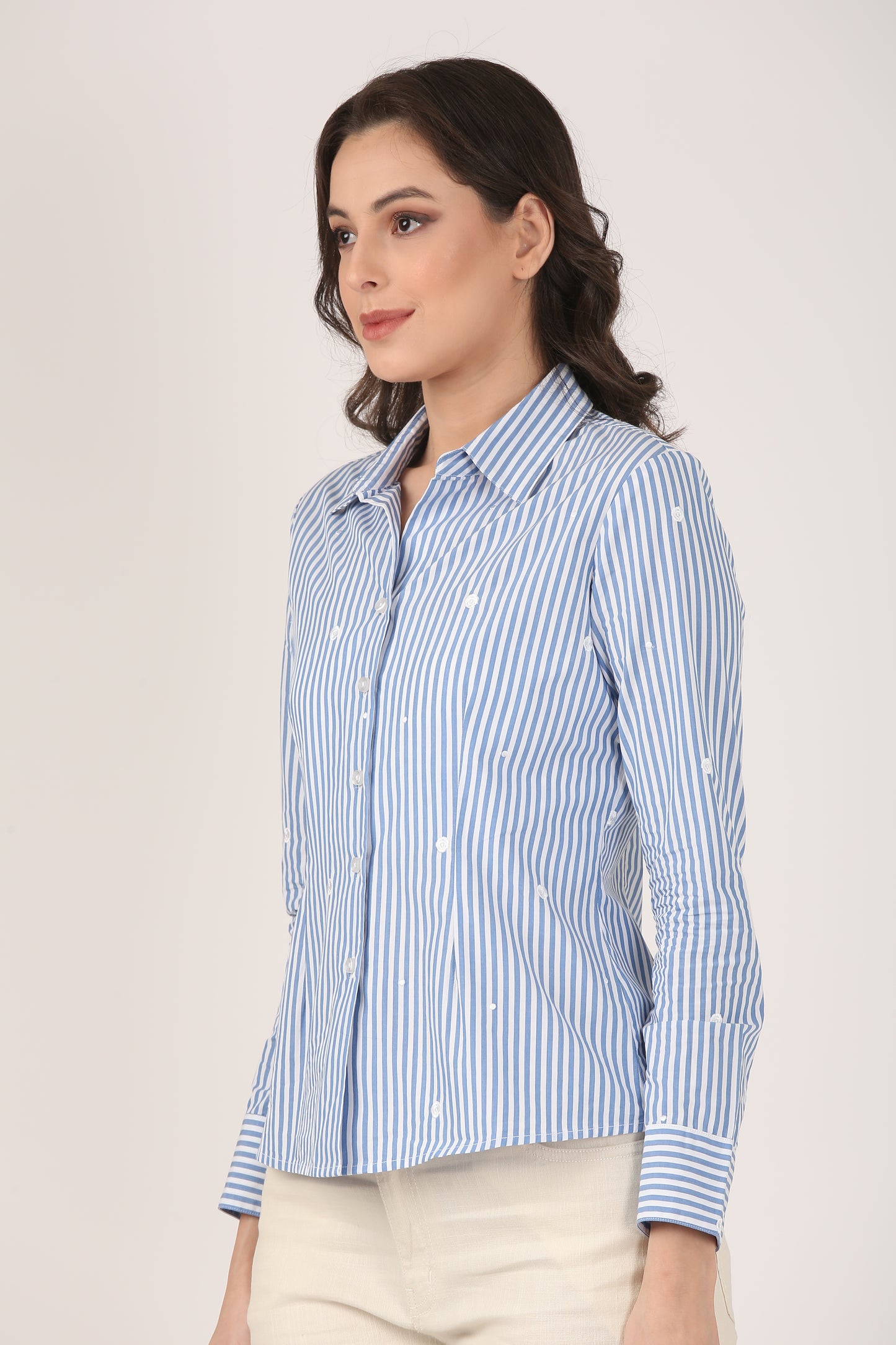 Blue Cotton Striped Shirt with Floral Embroidery