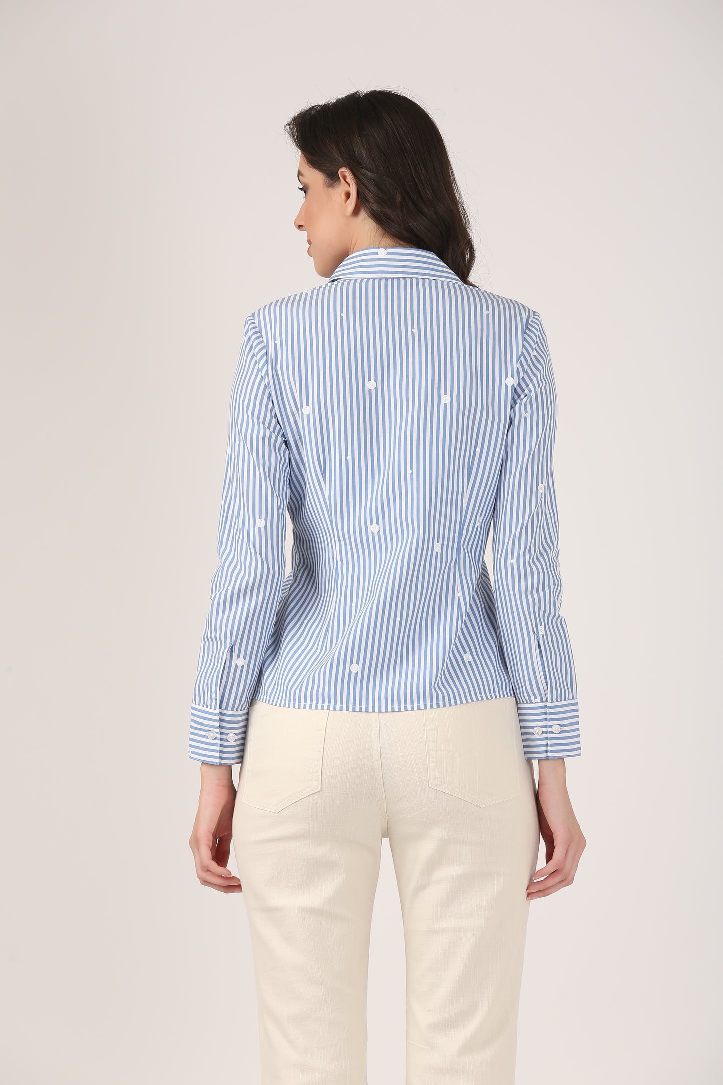 Blue Cotton Striped Shirt with Floral Embroidery