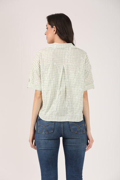 Cotton Light Green Check Embroidered Short Sleeve Shirt