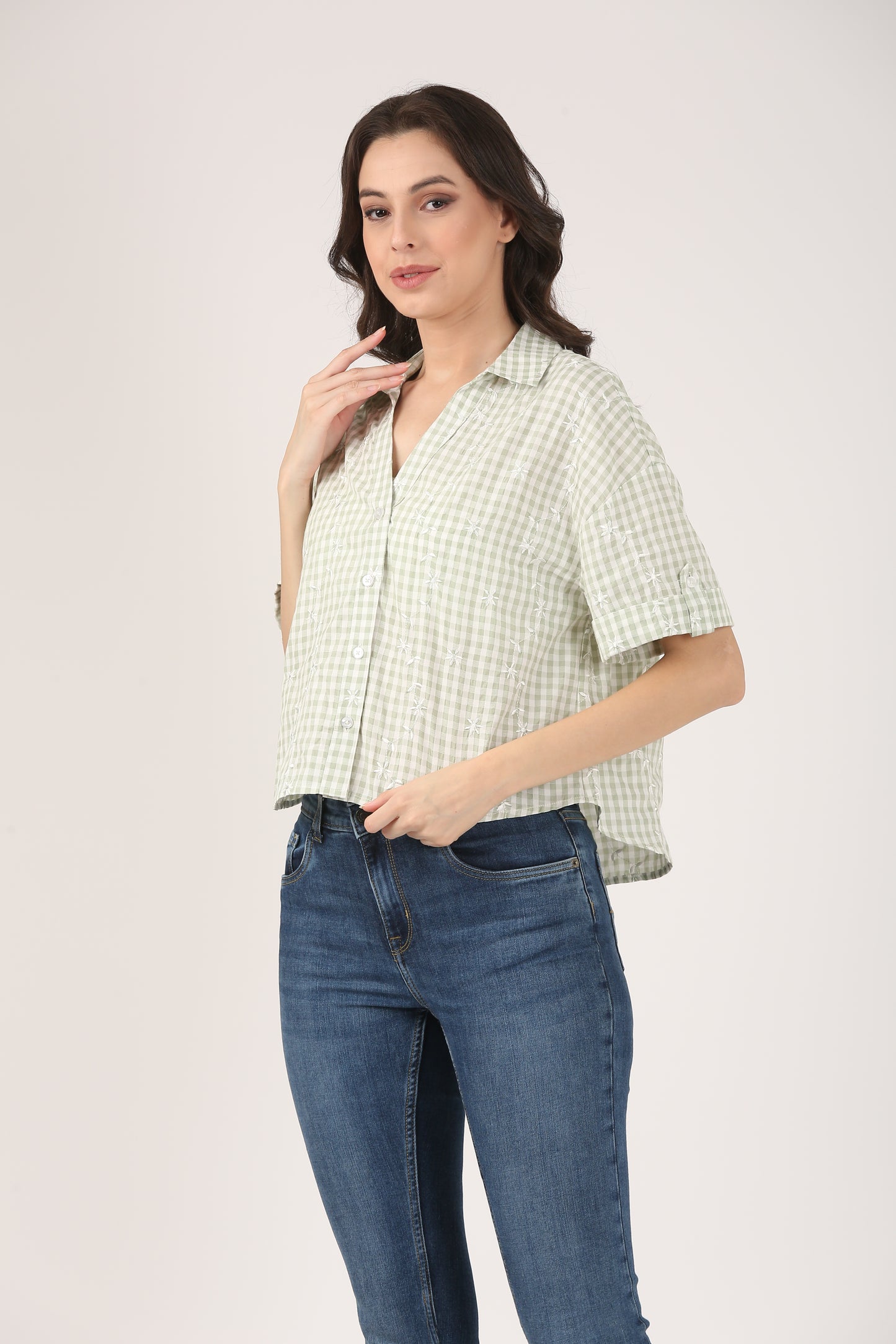 Cotton Light Green Check Embroidered Short Sleeve Shirt