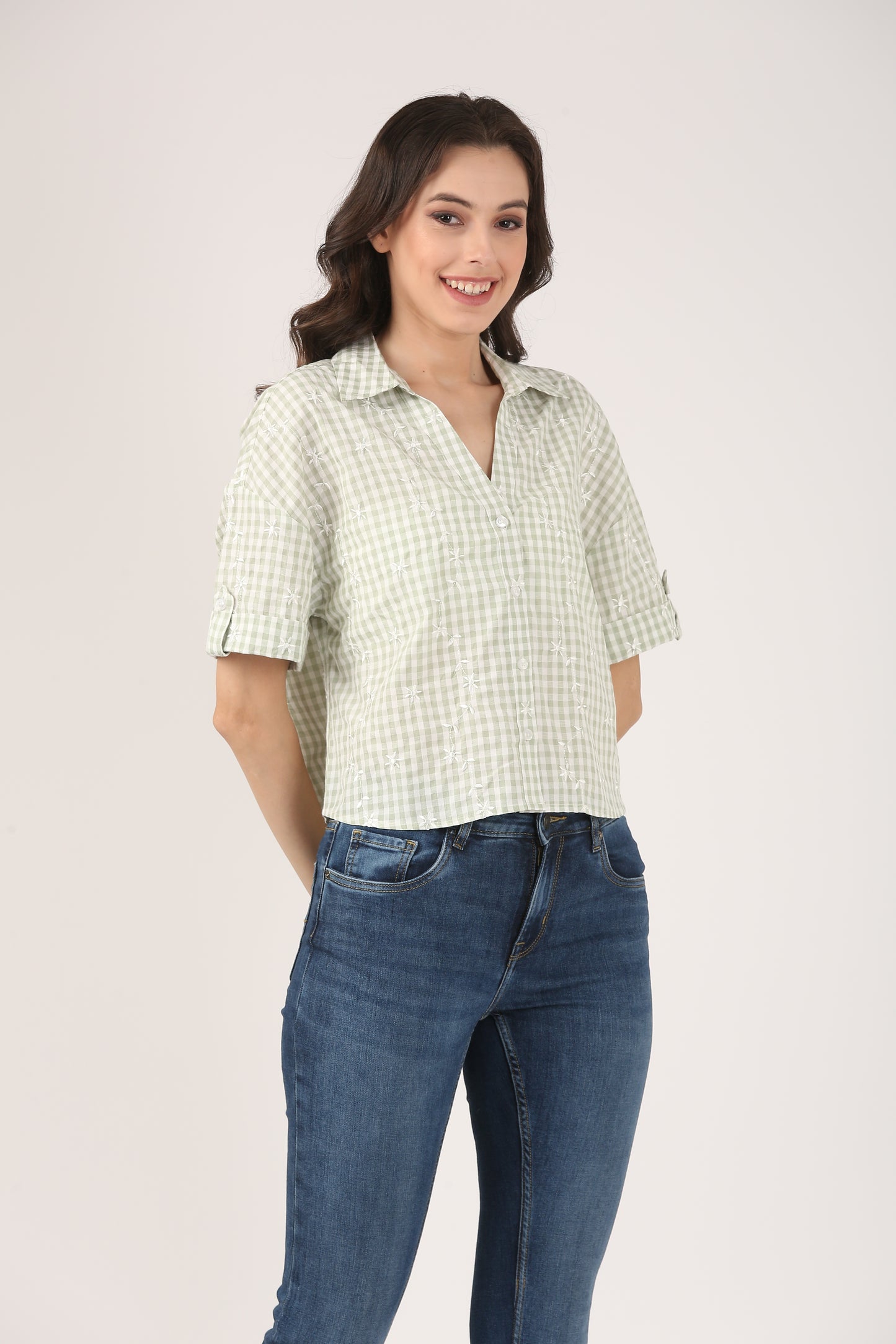 Cotton Light Green Check Embroidered Short Sleeve Shirt