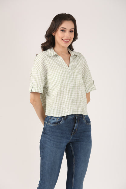 Cotton Light Green Check Embroidered Short Sleeve Shirt