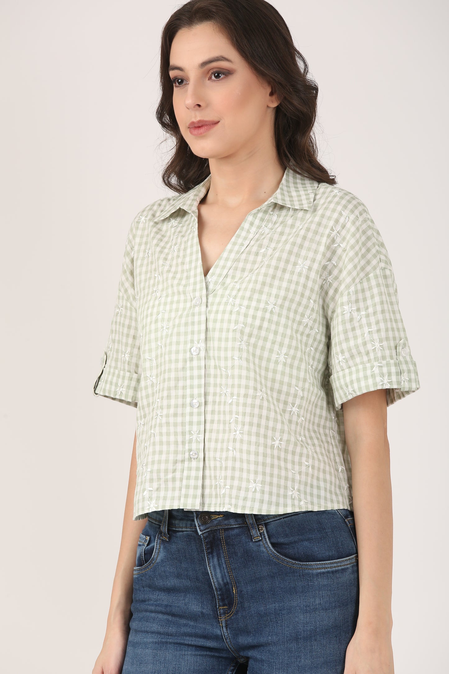 Cotton Light Green Check Embroidered Short Sleeve Shirt