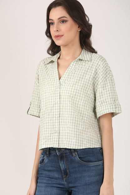 Cotton Light Green Check Embroidered Short Sleeve Shirt