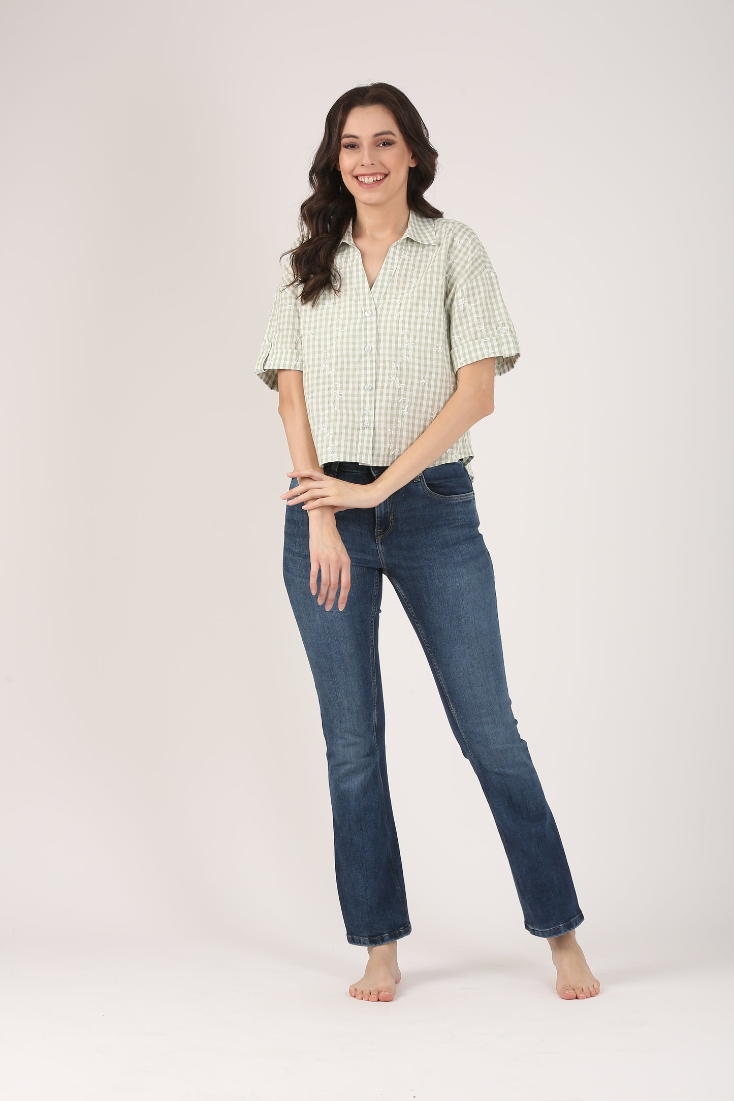 Cotton Light Green Check Embroidered Short Sleeve Shirt