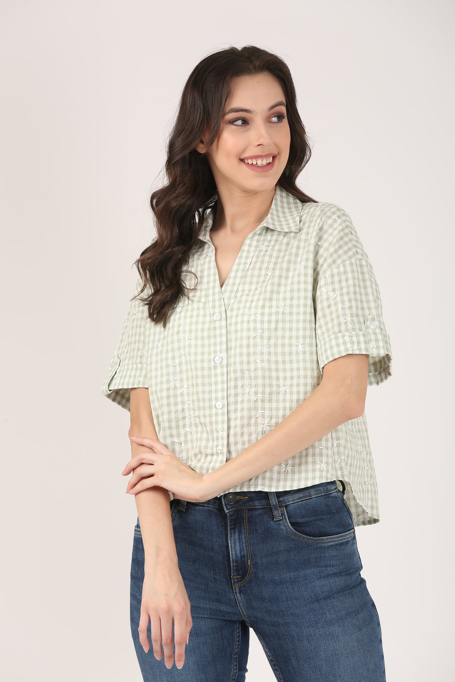 Cotton Light Green Check Embroidered Short Sleeve Shirt