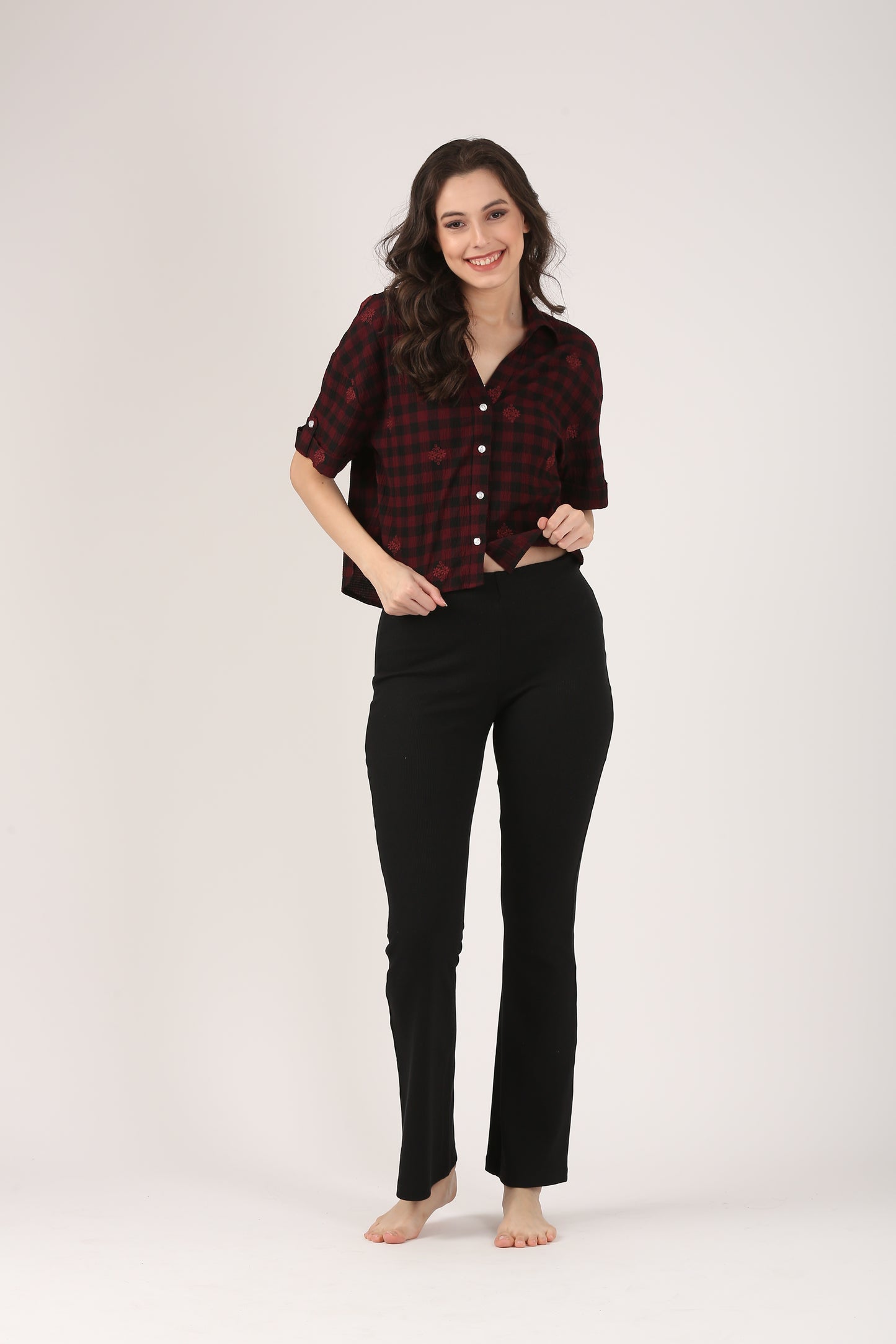 Cotton Burgundy Check Embroidered Short Sleeve Shirt